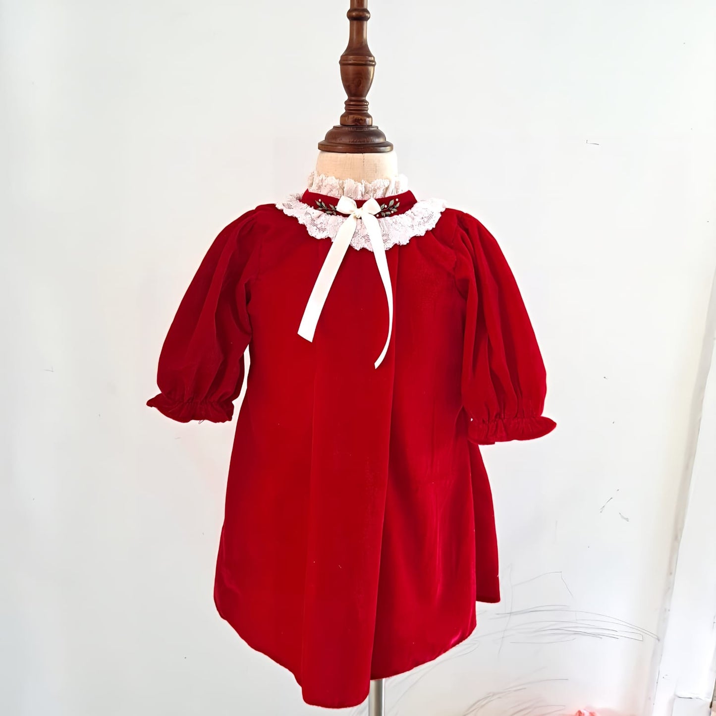 Elegant Red/Green Velvet Holiday Dress with Hand Embroidery,0M to 10T.