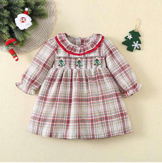 Festive Plaid Christmas Embroidered Dress,12M to 5T