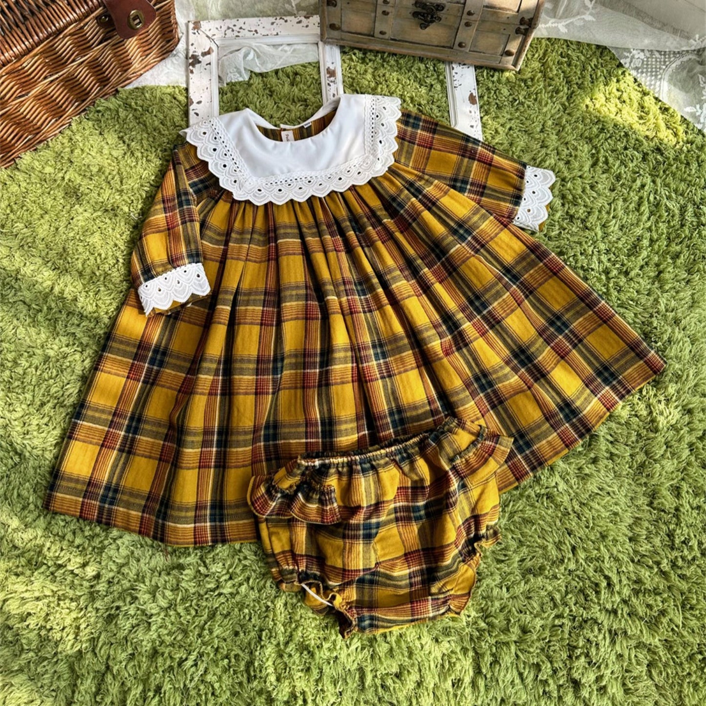 Adorable Yellow Plaid Dress With Lace Work,12M to 6T.