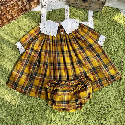 Adorable Yellow Plaid Dress With Lace Work,12M to 6T.