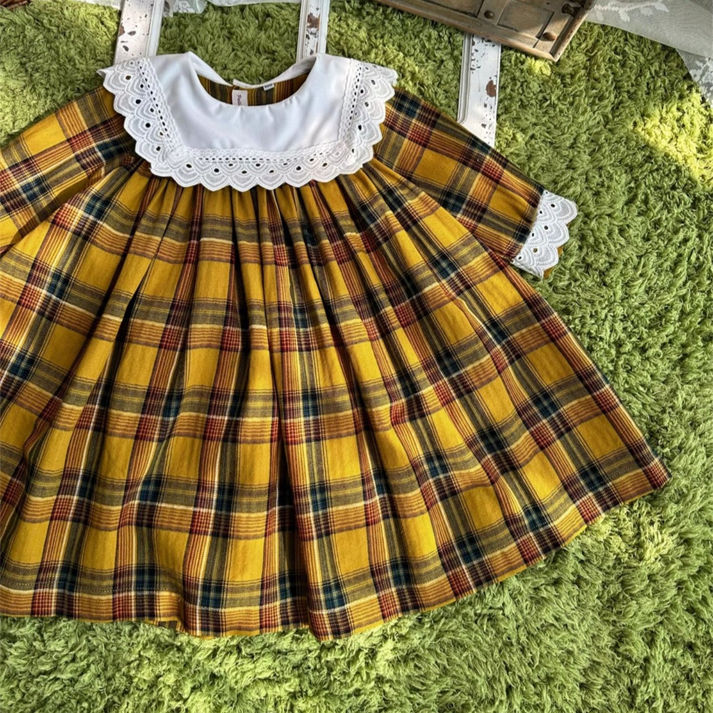 Adorable Yellow Plaid Dress With Lace Work,12M to 6T.