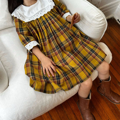 Adorable Yellow Plaid Dress With Lace Work,12M to 6T.