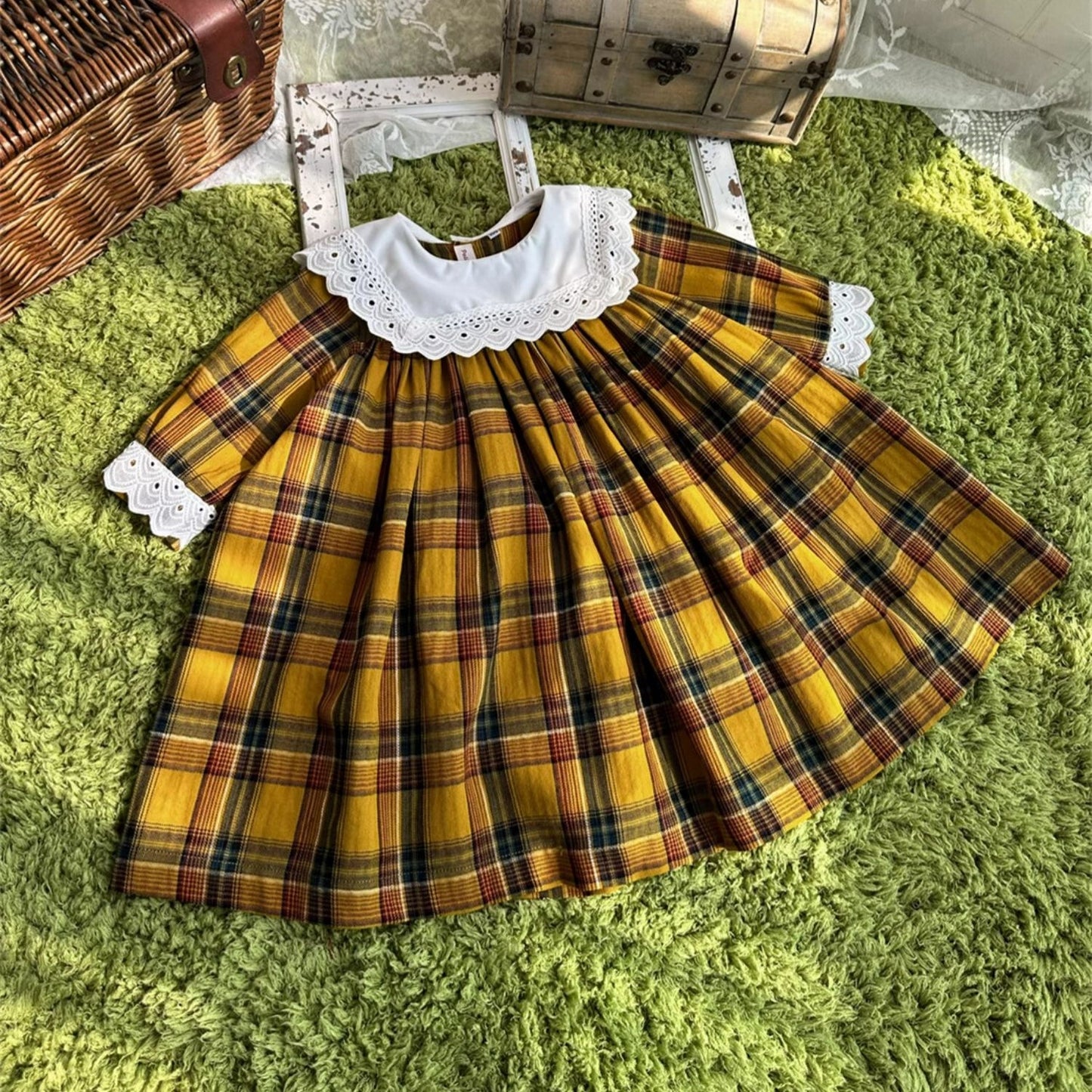 Adorable Yellow Plaid Dress With Lace Work,12M to 6T.