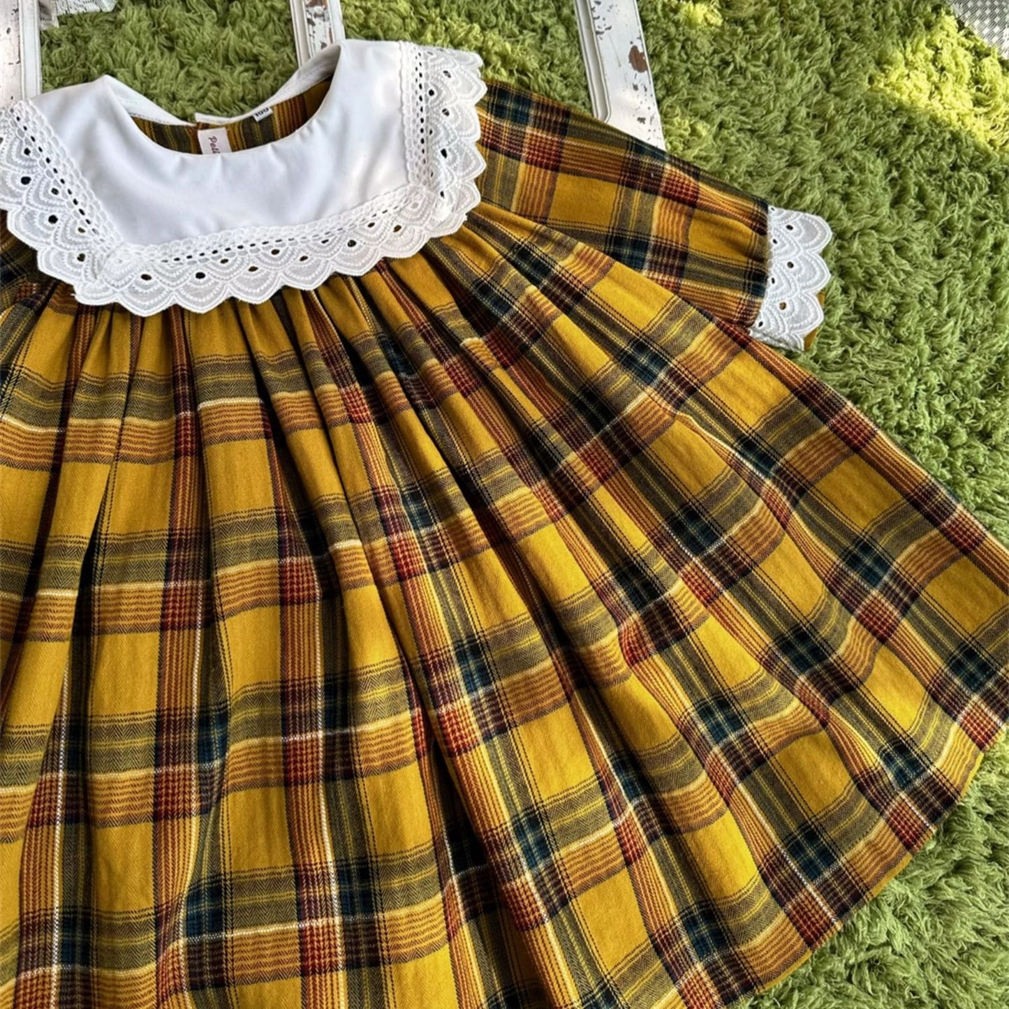 Adorable Yellow Plaid Dress With Lace Work,12M to 6T.