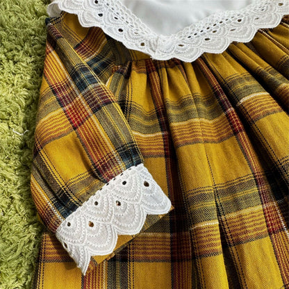 Adorable Yellow Plaid Dress With Lace Work,12M to 6T.