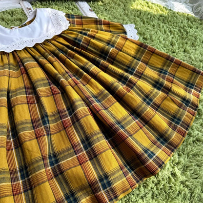 Adorable Yellow Plaid Dress With Lace Work,12M to 6T.