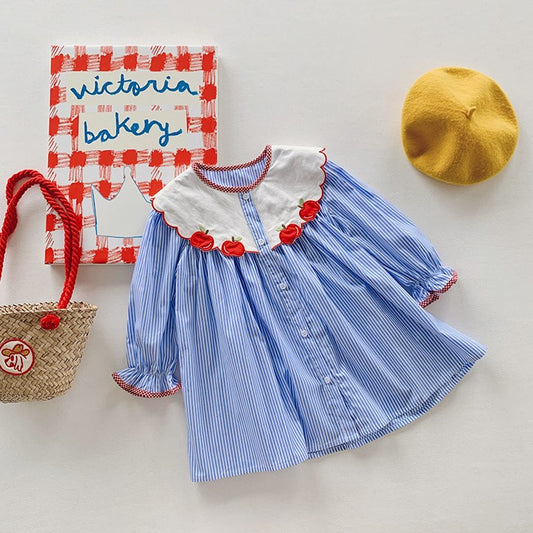 Blue Stripped Apple Applique Dress,2T to 7T.