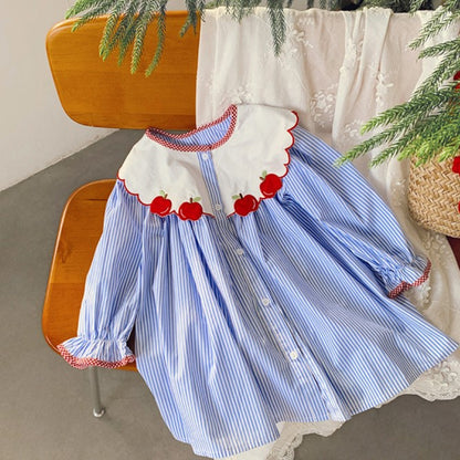 Blue Stripped Apple Applique Dress,2T to 7T.