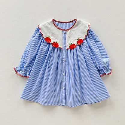 Blue Stripped Apple Applique Dress,2T to 7T.