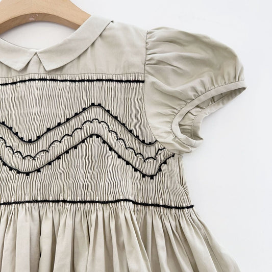 Hand-Smocked  Beige Dress with Elegant Embroidery,3T-10T