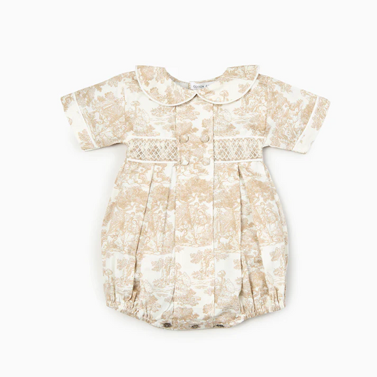 Toile de Jouy Hand-Smocked Biege Romper & Dress,6M to 8T.