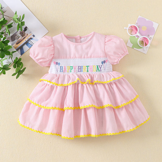 Cute Happy Birthday Embroidered Dress,12M to 5T.