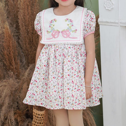 Floral Bow Embroidered 3pcs  Set,2T to 7T.