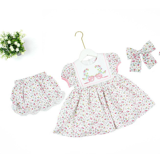 Floral Bow Embroidered 3pcs  Set,2T to 7T.