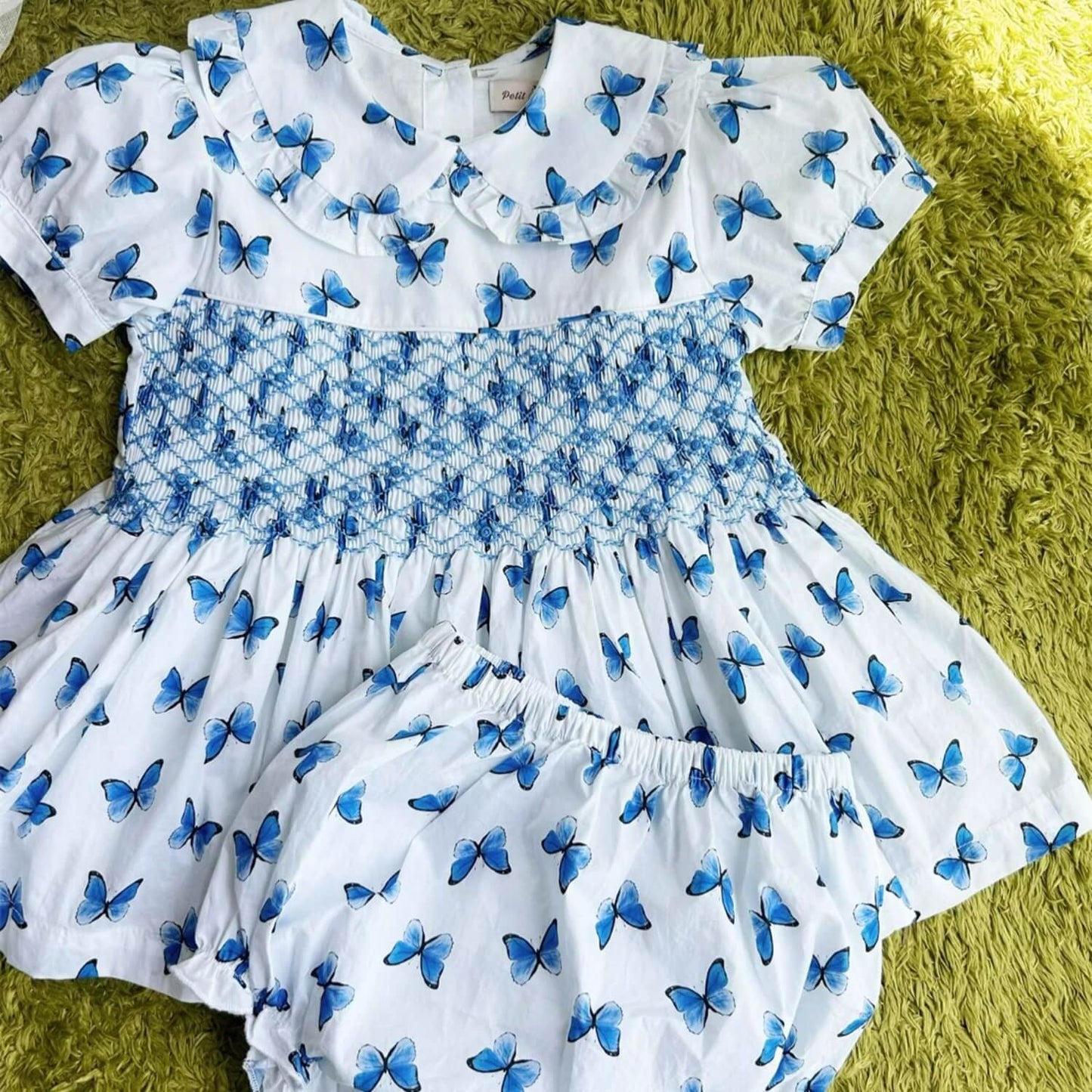 Butterfly Print Blue Hand Smocked Dress,2T to 7T.