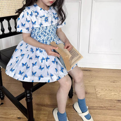 Butterfly Print Blue Hand Smocked Dress,2T to 7T.