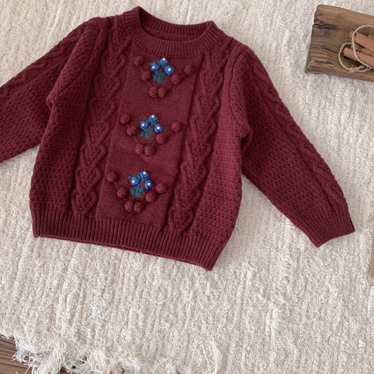 Hand-Embroidered Deep Red Woolen Sweater,6M to 4T.