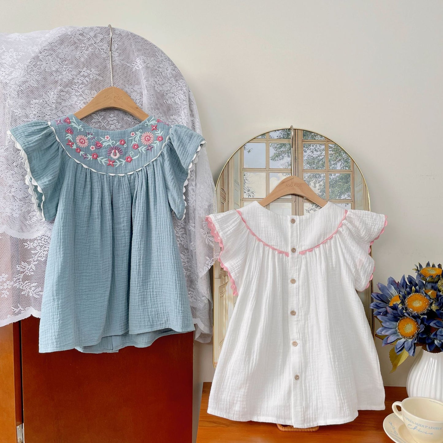 Fly Sleeves Embroidered Dress,Blue/White,2T to 8T