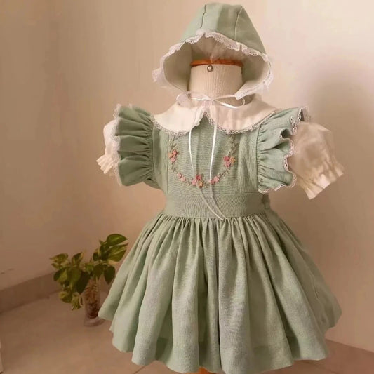 Green Hand Embroidered Dress With Bonnet,12M to 10T.
