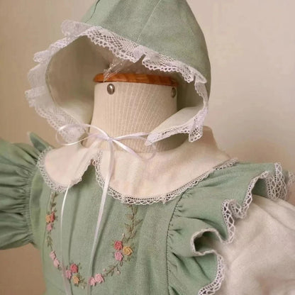 Green Hand Embroidered Dress With Bonnet,12M to 10T.