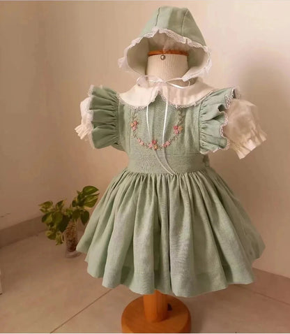 Green Hand Embroidered Dress With Bonnet,12M to 10T.