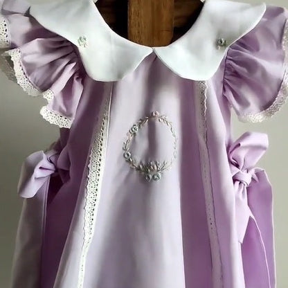 Lavender Scallop Collar Dress With Hand Embroidery,6M to 8T.