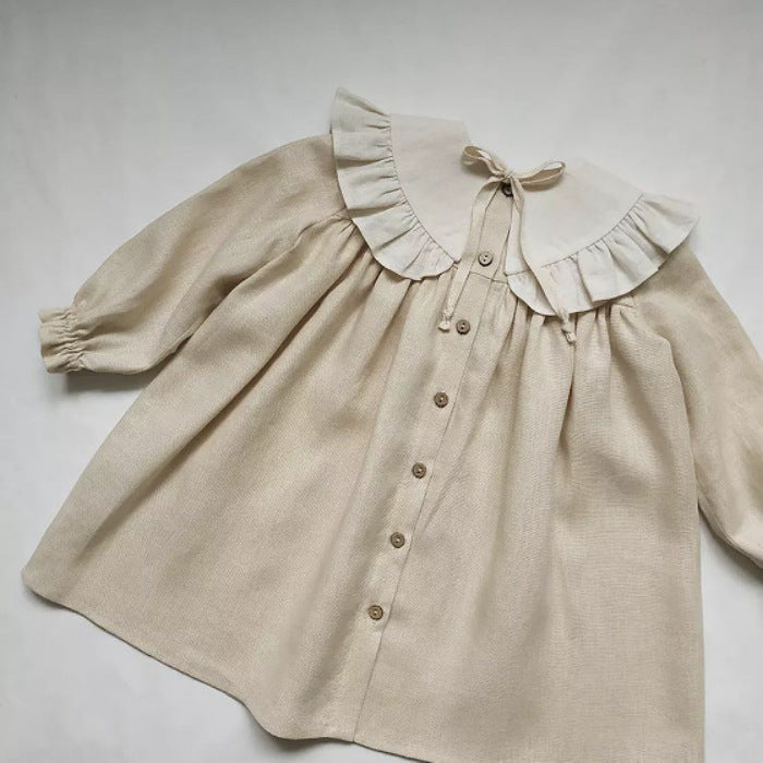 Charming Cotton & Linen Ruffle Collar Dress,2T-7T