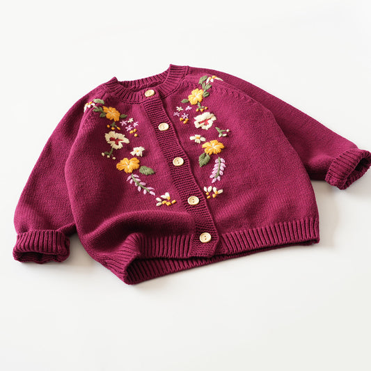 Maroon Blooms Hand Embroidered Cardigan,12M to 5T.