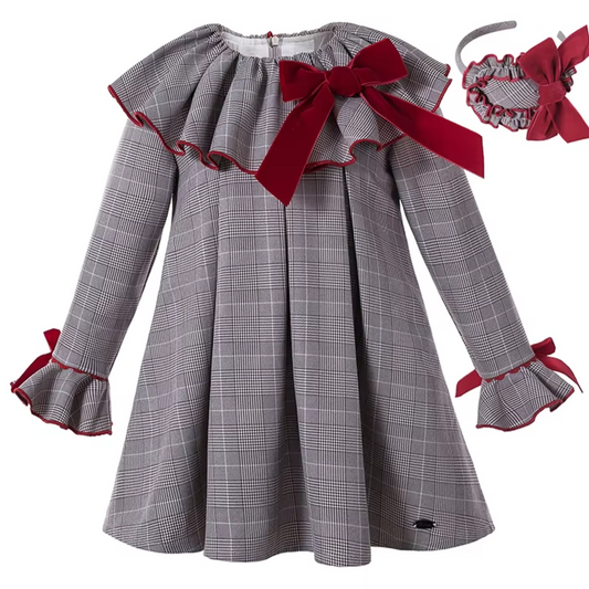 Elegant Plaid Dress with Red Bow & Ruffle Trim,12M to 6T