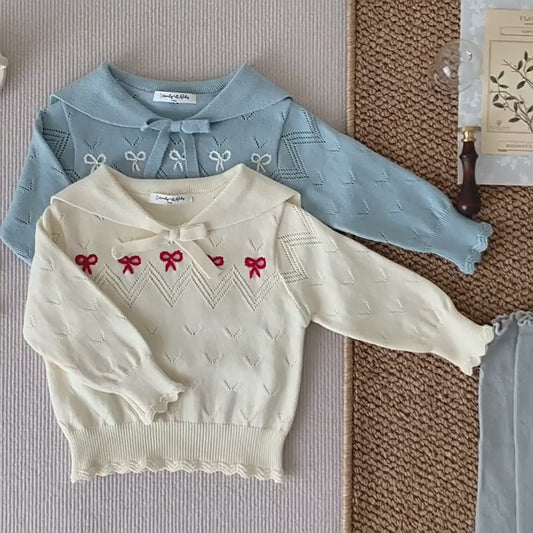 Hand-Embroidered Cotton Bow Sweaters,6M to 5T.