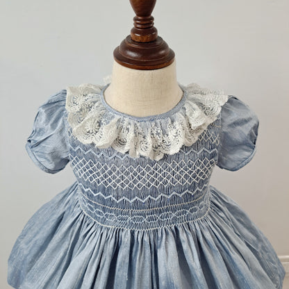 Blueish Gray Premium Silk Smocked Dress,6M to 10T.