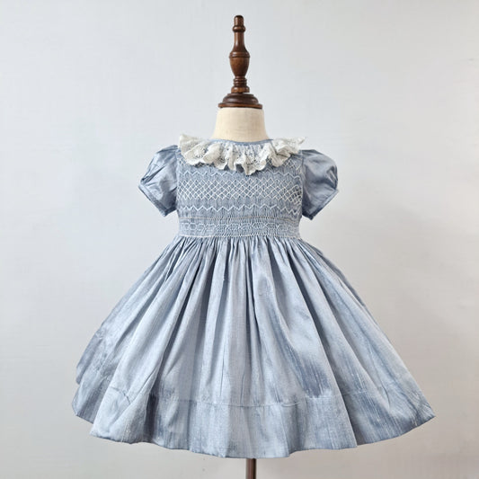 Blueish Gray Premium Silk Smocked Dress,6M to 10T.