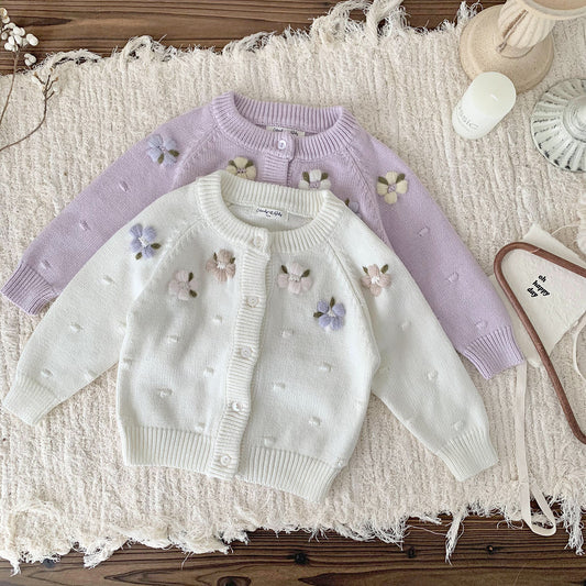 Embroidered Flower Baby Cardigan ,Lilac/Cream,6M to 4T