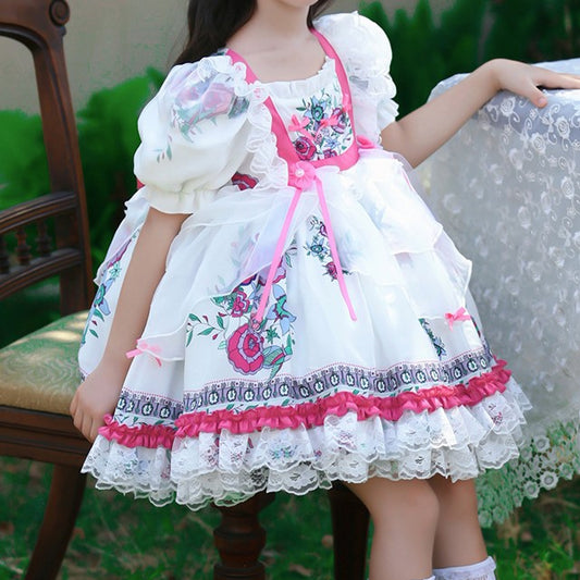 White & Pink Spanish Style Dress,12M to 8T.