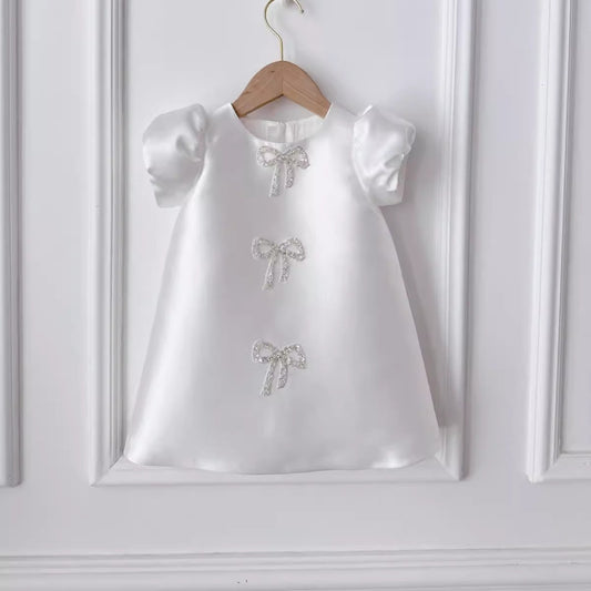 Stunning White Embellished Bow Dress,12M to 5T.