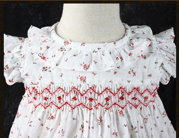 White Sleeveless Floral Smocked Dress,2T to 7T.