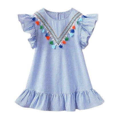 Tassel Flying Sleeve Dress, Blue, Cotton - Dream Town Store