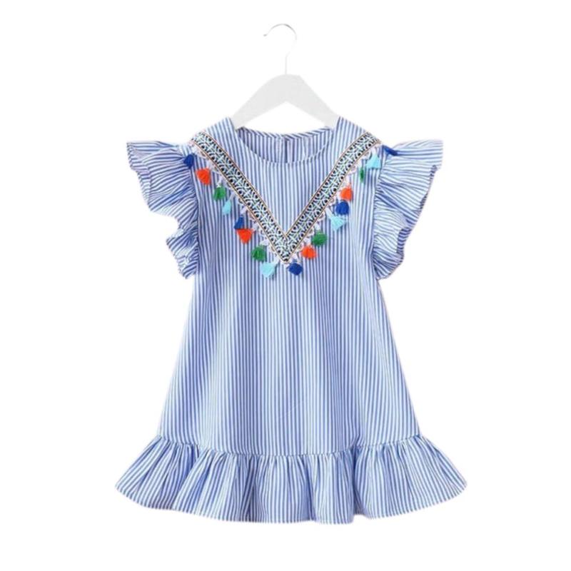 Tassel Flying Sleeve Dress, Blue, Cotton - Dream Town Store