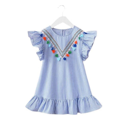 Tassel Flying Sleeve Dress, Blue, Cotton - Dream Town Store