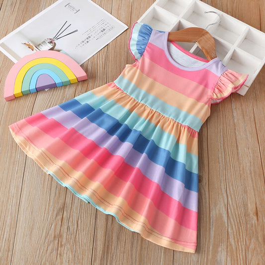 Baby Girls Rainbow Striped Dress, Size 6M-4Y, Cotton Mix - Dream Town Store