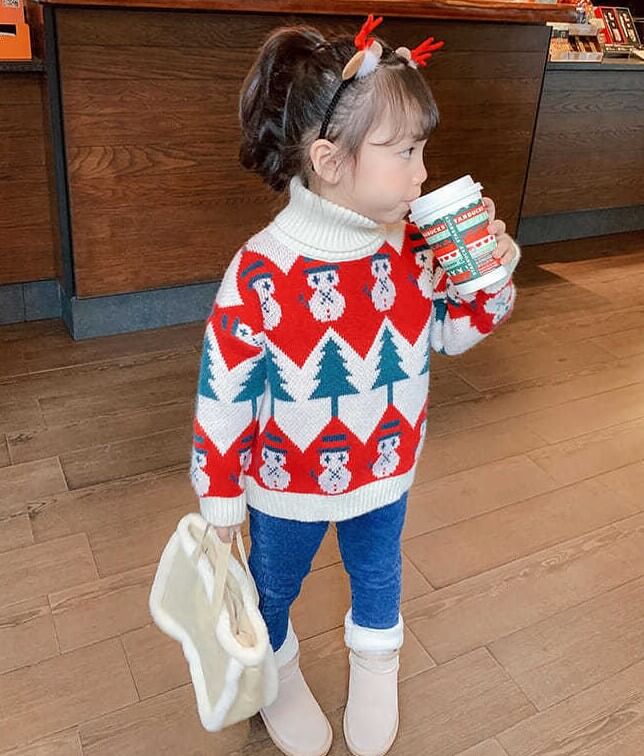 Christmas Theme Turtlenecks, Red/Beige,2T to 8T