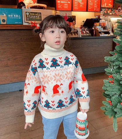 Christmas Theme Turtlenecks, Red/Beige,2T to 8T