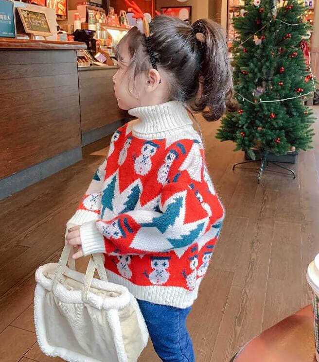 Christmas Theme Turtlenecks, Red/Beige,2T to 8T