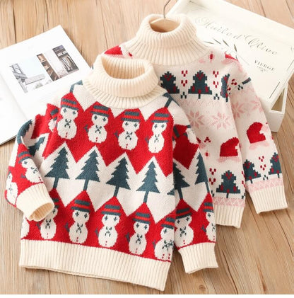 Christmas Theme Turtlenecks, Red/Beige,2T to 8T